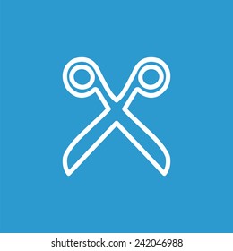 scissors outline icon, isolated, white on the blue background. Exclusive Symbols 
