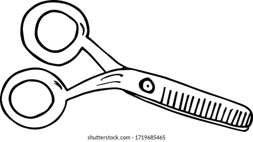 Scissors, outline illustration in doodle style. Design element for the design of business cards, flyers, websites of beauty salons, and hairdressers