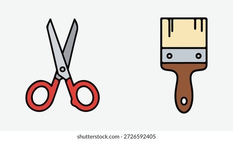 Ícones de tesoura e pincel em um plano de fundo plano isolado no plano de fundo branco, vetor, ilustração