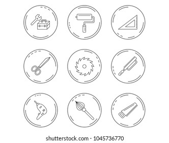 Scissors, paint roller and repair tools icons. Fretsaw, circular saw and brush linear signs. Triangular rule, drill icons. Linear Circles web buttons with icons. Vector