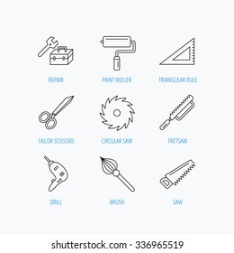 Scissors, paint roller and repair tools icons. Fretsaw, circular saw and brush linear signs. Triangular rule, drill icons. Linear set icons on white background.