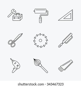 Scissors, paint roller and repair tools icons. Fretsaw, circular saw and brush linear signs. Triangular rule, drill icons. Linear black icons on white background.
