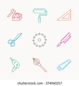 Scissors, paint roller and repair tools icons. Fretsaw, circular saw and brush linear signs. Triangular rule, drill icons. Linear colored icons.