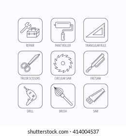 Scissors, paint roller and repair tools icons. Fretsaw, circular saw and brush linear signs. Triangular rule, drill icons. Flat linear icons in squares on white background. Vector