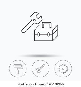 Scissors, paint roller and repair tools icons.