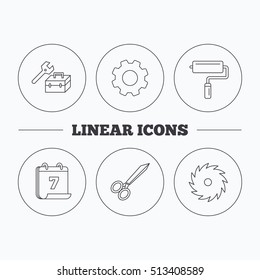 Scissors, paint roller and repair tools icons. Circular saw linear sign. Flat cogwheel and calendar symbols. Linear icons in circle buttons. Vector