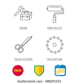 Scissors, paint roller and repair tools icons. Circular saw linear sign. Shield protection, calendar and new tag web icons. Vector