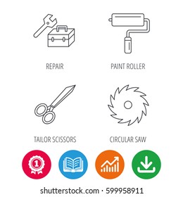 Scissors, paint roller and repair tools icons. Circular saw linear sign. Award medal, growth chart and opened book web icons. Download arrow. Vector