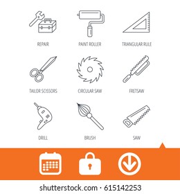 Scissors, paint roller and repair tools icons. Fretsaw, circular saw and brush linear signs. Triangular rule, drill icons. Download arrow, locker and calendar web icons. Vector