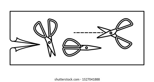 Scissors pair icon clipart set with cut paper sheet frame to make blog header, shop cover, web site design. Shearing tool with opened and closed cutting edges and dashed trim line vector stock image. 