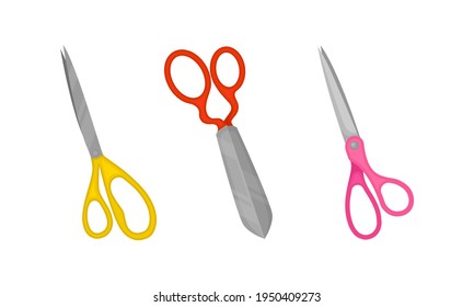 Scissors with Pair of Metal Blades as Hand-operated Shearing Tool Vector Set