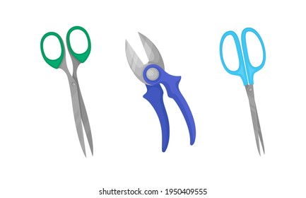 Scissors with Pair of Metal Blades as Hand-operated Shearing Tool Vector Set