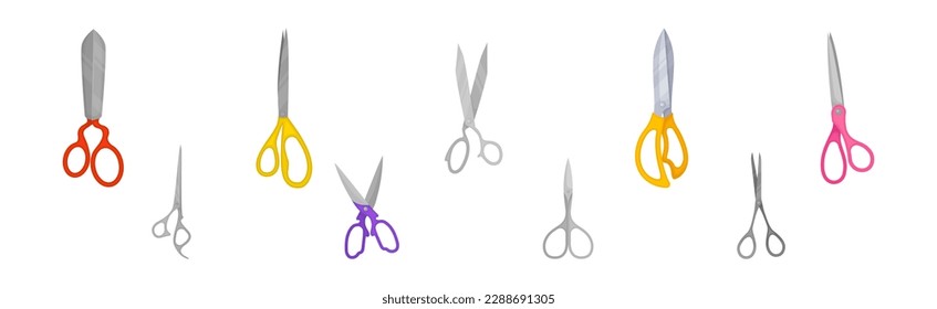 Scissors with Pair of Metal Blades as Hand-operated Shearing Tool Vector Set