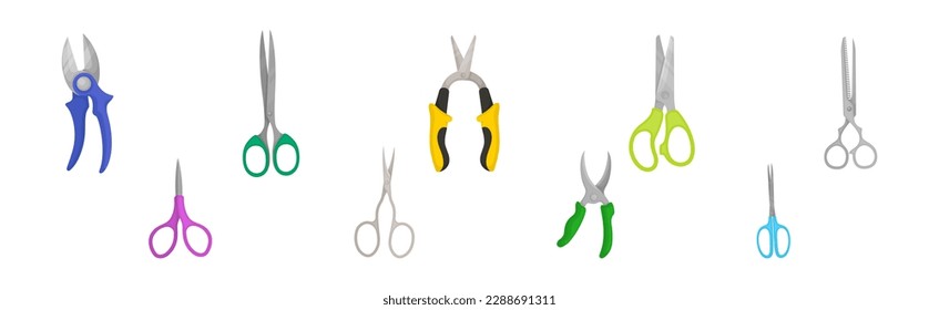 Scissors with Pair of Metal Blades as Hand-operated Shearing Tool Vector Set