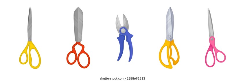 Scissors with Pair of Metal Blades as Hand-operated Shearing Tool Vector Set