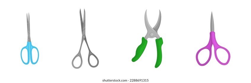 Scissors with Pair of Metal Blades as Hand-operated Shearing Tool Vector Set