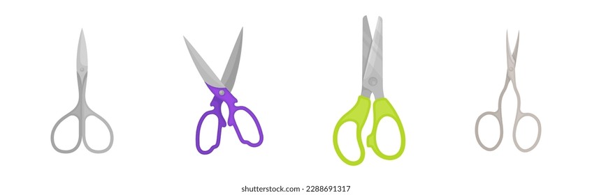 Scissors with Pair of Metal Blades as Hand-operated Shearing Tool Vector Set