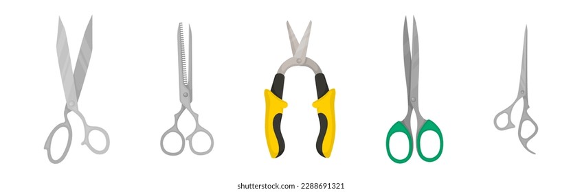 Scissors with Pair of Metal Blades as Hand-operated Shearing Tool Vector Set