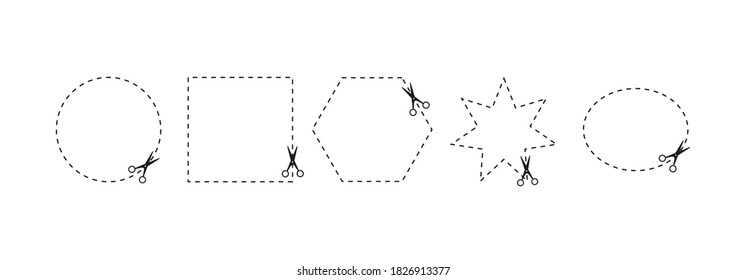 Tijeras en el estilo de corte de papel sobre fondo negro. Las tijeras cortan diferentes formas. Ilustración vectorial.