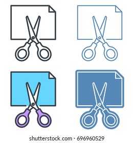 Scissors with paper document vector outline icon set. Office supply line symbols and pictograms. Vector thin contour infographic elements. Illustrations for web design, presentations, networks.