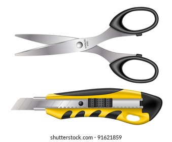 Scissors and paper knife on a white background. Vector illustration