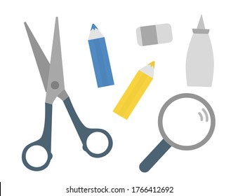 Scissors, pencil, magnifying glass, glue icons isolated on white background. Set of vector stationery for craft or school educational activities. Kids worksheet design element