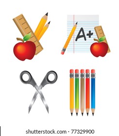 Scissors, pencils, graded paper, apples, and rulers