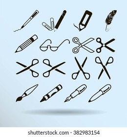 scissors, pens and pencils.vector icon