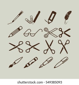 scissors, pens and pencils.vector icon