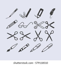 scissors, pens and pencils.vector icon