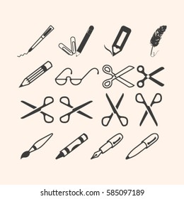 scissors, pens and pencils.vector icon