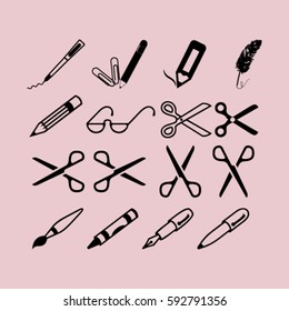 scissors, pens and pencils.vector icon