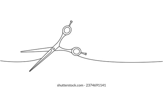 Scissors for pets grooming one line continuous drawing. Animals accessories, pet toy supplies continuous one line illustration.