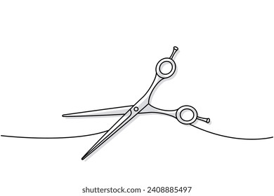 Scissors for pets grooming one line colored continuous drawing. Animals accessories, pet toy supplies continuous one line illustration.