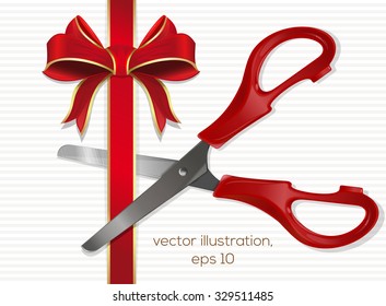 Scissors with plastic red handles cut the red ribbon with a bow, vector illustrations.