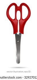 Scissors with plastic red handles on a white background, vector illustration.