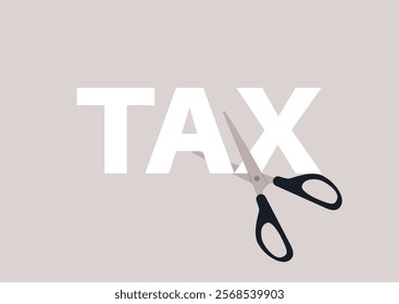 Scissors are poised over the word TAX, visually symbolizing a reduction in taxes, aiming to convey the benefits of financial relief for individuals and enterprises in a contemporary economic context