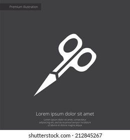scissors premium illustration icon, isolated, white on dark background, with text elements 
