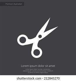 scissors premium illustration icon, isolated, white on dark background, with text elements 