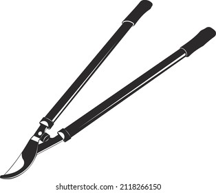 Scissors for pruning trees. Agricultural tools. Black flat symbol. Isolated image on a white background.