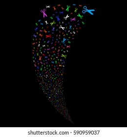 Scissors random fireworks stream. Vector illustration style is flat bright multicolored iconic symbols on a black background. Object fountain done from scattered design elements.