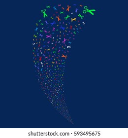 Scissors random fireworks stream. Vector illustration style is flat bright multicolored iconic symbols on a blue background. Object fountain done from scattered pictographs.