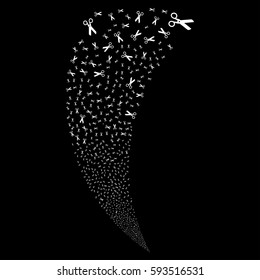 Scissors random fireworks stream. Vector illustration style is flat white iconic symbols on a black background. Object fountain combined from scattered design elements.