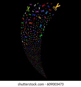 Scissors random fireworks stream. Vector illustration style is flat bright multicolored iconic symbols on a black background. Object fountain combined from scattered design elements.