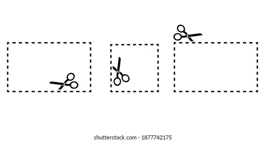 Scissors rectangles. Blank space. Line symbol. Retro paper cut black illustration on white backdrop. Stock image.