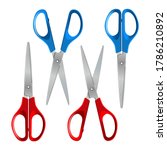 Scissors with red and blue plastic handles, open and closed, isolated on a white background. Vector illustration