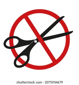 Scissors With Red Forbidden Sign. Do Not Cut Prohibition Icon. Stop Cutting Symbol Isolated On White Background. Vector Graphic Illustration.