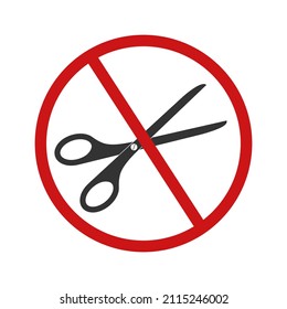 Scissors with red forbidden sign. Do not cut prohibition icon. Stop cutting pictogram isolated on white background. Vector graphic illustration.