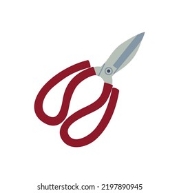 Scissors with red handle. Hand drawn vector illustration isolated on white background. Modern flat cartoon style.