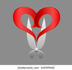 Scissors and red heart symbol on a black background for needlework and hairdresser